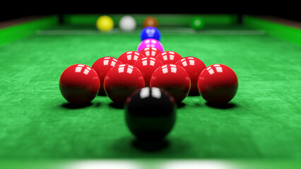Snooker pool table and billiards ball with dimness light . 3D rendering . - obrazy, fototapety, plakaty