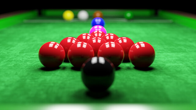 Snooker pool table and billiards ball with dimness light . 3D rendering .