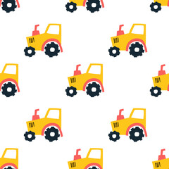 Seamless pattern with tractor yellow body and red pipe. Colored scandinavian style.