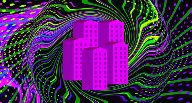 Modern Bright Pink Purple Apartment House On Digital Swirl Neon Background. IOT. Buildings. Real Estate. Urban Design. Efficient Energy. City. Mortgage Rate. 6G. Property Management Software Concept.