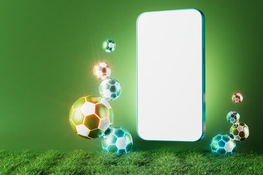 smartphone with a white screen. sports object on dark background. 3d copy space. live program online. 3d illustration. sport competition application online. online live app broadcast. soccer game