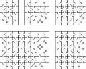 Illustration of five white puzzles, separate pieces	