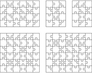 Illustration of five white puzzles, separate pieces	