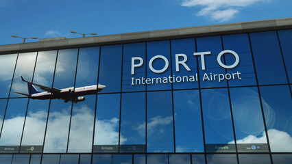 Airplane landing at Porto Portugal airport mirrored in terminal