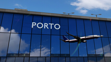 Airplane landing at Porto Portugal airport mirrored in terminal