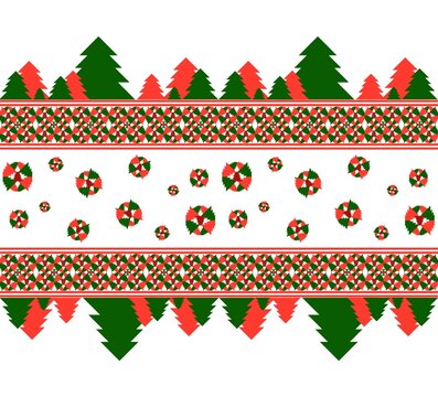 Christmas Seamless Pattern With Chrismas Trees, Christmas Wreath On White Background.