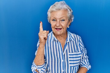 Senior woman with grey hair standing over blue background showing and pointing up with finger number one while smiling confident and happy.