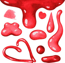 Drops of jam, streaks in the shape of a heart. Vector illustration. Isolated on a white background.