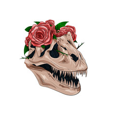 Carnivorous dinosaur skull with red flowers on the top on white background