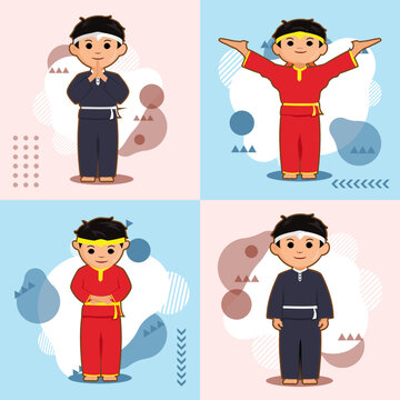 Martial arts compositions flat set for kids Opening greetings movement
