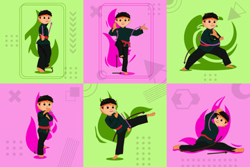 Martial arts compositions flat set with pink and green background