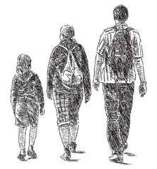 Doodle drawing of family city dwellers walking outdoors