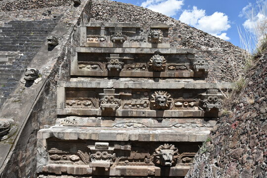 Tlaloc and Quetzalcoatl High Relief Busts on Pyramid of the Feathered Serpent, Teotihuacan