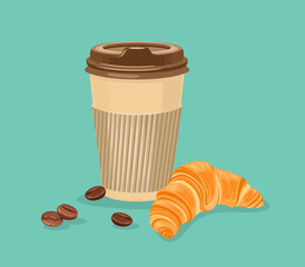 Paper cup with coffee and fresh and croissant isolated. Takeaway food. Breakfast of sweet pastry and  hot drink. Vector cartoon illustration.