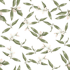 Summer pattern with oranges flowers and leaves.  Seamless texture design on whit background