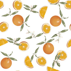Summer pattern with oranges, flowers and leaves.  Seamless texture design on whit background