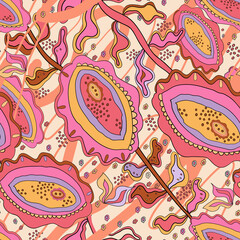Bold Boho chic vector seamless floral pattern. Hand drawn bright illustration. Bohemian abstract background, paisley elegant style print for fabric