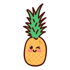 Kawaii pineapple in cartoon style. Cute fruit character with smiling face. Vector illustration isolated on white background.