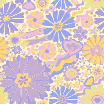 Vanilla 70s 60s Floral Hippie Summer seamless pattern. Groovy Flower Power Child vector illustration. Boho retro colours light background surface design.