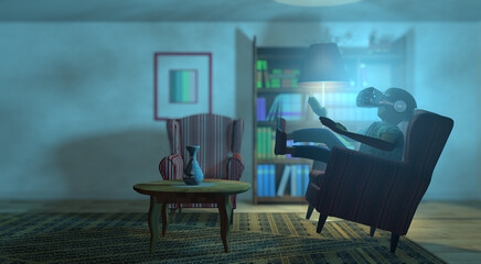 Young man sitting in an armchair floating from his living room using virtual reality glasses with blue light. 3D Illustration