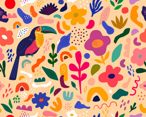Naklejka premium Colorful blooming Seamless pattern with bird Toucan and flowers