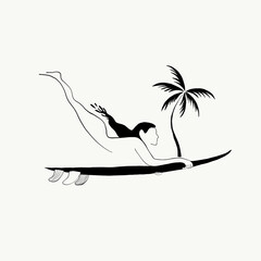 Woman Surfer Tree Palm Arte Illustration