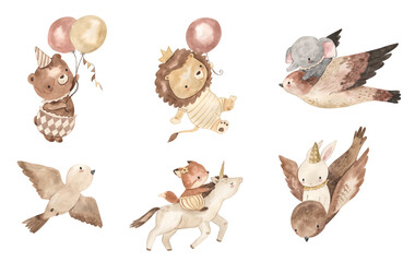 Bird, lion, bear watercolor illustration for kids