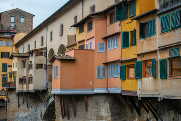 Fototapeta na wymiar Close-up of the Ponte Vecchio in Florence, Italy, during a cloudy winter day. 