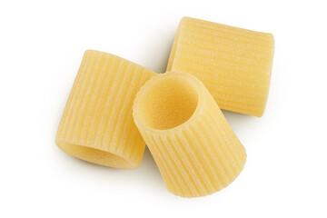 raw italian pasta isolated on white background. Mezze Maniche Rigate Bronze die. Top view. Flat lay