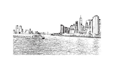 Building view with landmark of New York is the 
city in New York State. Hand drawn sketch illustration in vector.