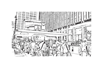 Building view with landmark of New York is the 
city in New York State. Hand drawn sketch illustration in vector.