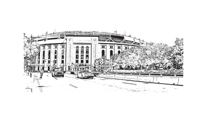 Building view with landmark of New York is the 
city in New York State. Hand drawn sketch illustration in vector.