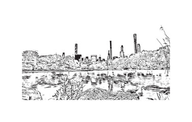 Building view with landmark of New York is the 
city in New York State. Hand drawn sketch illustration in vector.