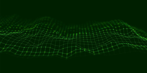 Abstract green particle background. Flow wave with dot landscape. Digital data structure. Future mesh or sound grid. Pattern point visualization. Technology vector illustration.