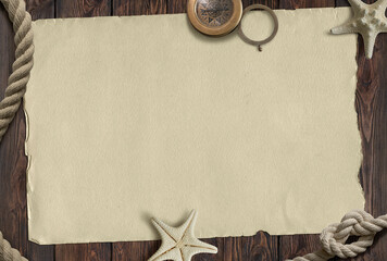 Old paper on wooden table. Nautical theme mockup