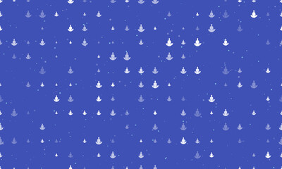 Fototapeta na wymiar Seamless background pattern of evenly spaced white yoga symbols of different sizes and opacity. Vector illustration on indigo background with stars