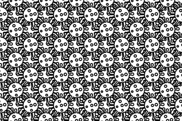 Seamless pattern completely filled with outlines of coronavirus symbols. Elements are evenly spaced. Vector illustration on white background