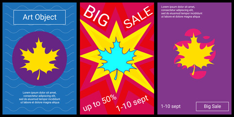Obraz na płótnie Canvas Trendy retro posters for organizing sales and other events. Large maple leaf in the center of each poster. Vector illustration on black background