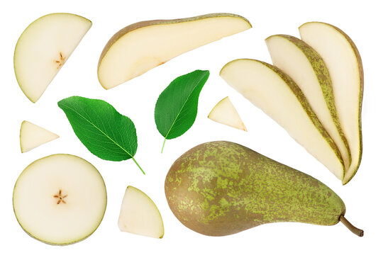 Green conference pear isolated on white background. Top view. Flat lay
