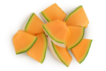 Cantaloupe melon slices isolated on white background with full depth of field. Top view. Flat lay