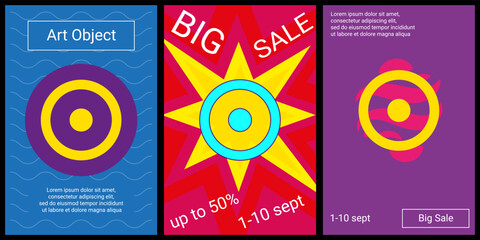 Trendy retro posters for organizing sales and other events. Large astrological sun symbol in the center of each poster. Vector illustration on black background