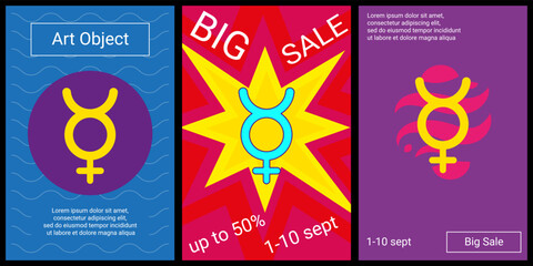 Trendy retro posters for organizing sales and other events. Large astrological mercury symbol in the center of each poster. Vector illustration on black background