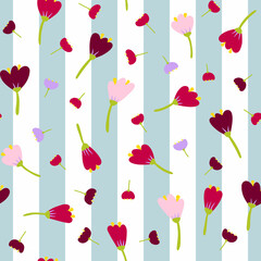 Seamless cartoon abstract flowers pattern. Color floret on striped background. Hand-drawn plants, petals. Stylized peonies, roses, tulips, lilies. Summer romantic floral ornament. Vector illustration