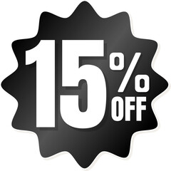 15% percent off(offer), shop now, Black 3D super discount sticker, sale. vector illustration, Fifteen 