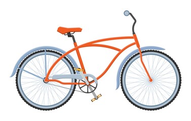 Vector flat illustration of city orange bicycle isolated object. Transportation vehicle in classic style. Element design of urban mobility, cycling activity, street sport hobby, entertainment