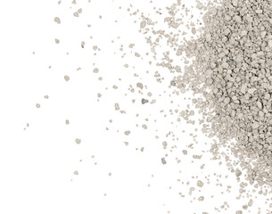 Small rocks ground texture isolated white background. road stone. gravel pebbles stone texture. dark crushed granite. close up. grey clumping clay. cat litter
