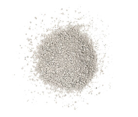 Small rocks ground texture isolated white background. road stone. gravel pebbles stone texture. dark crushed granite. close up. grey clumping clay. cat litter