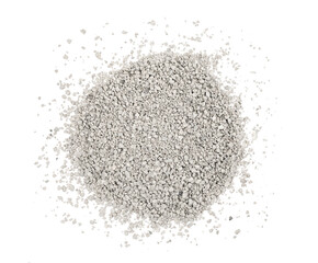 Small rocks ground texture isolated white background. road stone. gravel pebbles stone texture. dark crushed granite. close up. grey clumping clay. cat litter