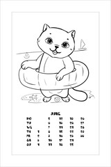 The cat on the beach. Inflatable circle for swimming. Summer entertainment. Coloring book for children. Vector illustration isolated on white background. Calendar, June.