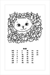 The muzzle of a kitten among the flowers. Coloring book for children. Vector illustration isolated on white background. Calendar, May.